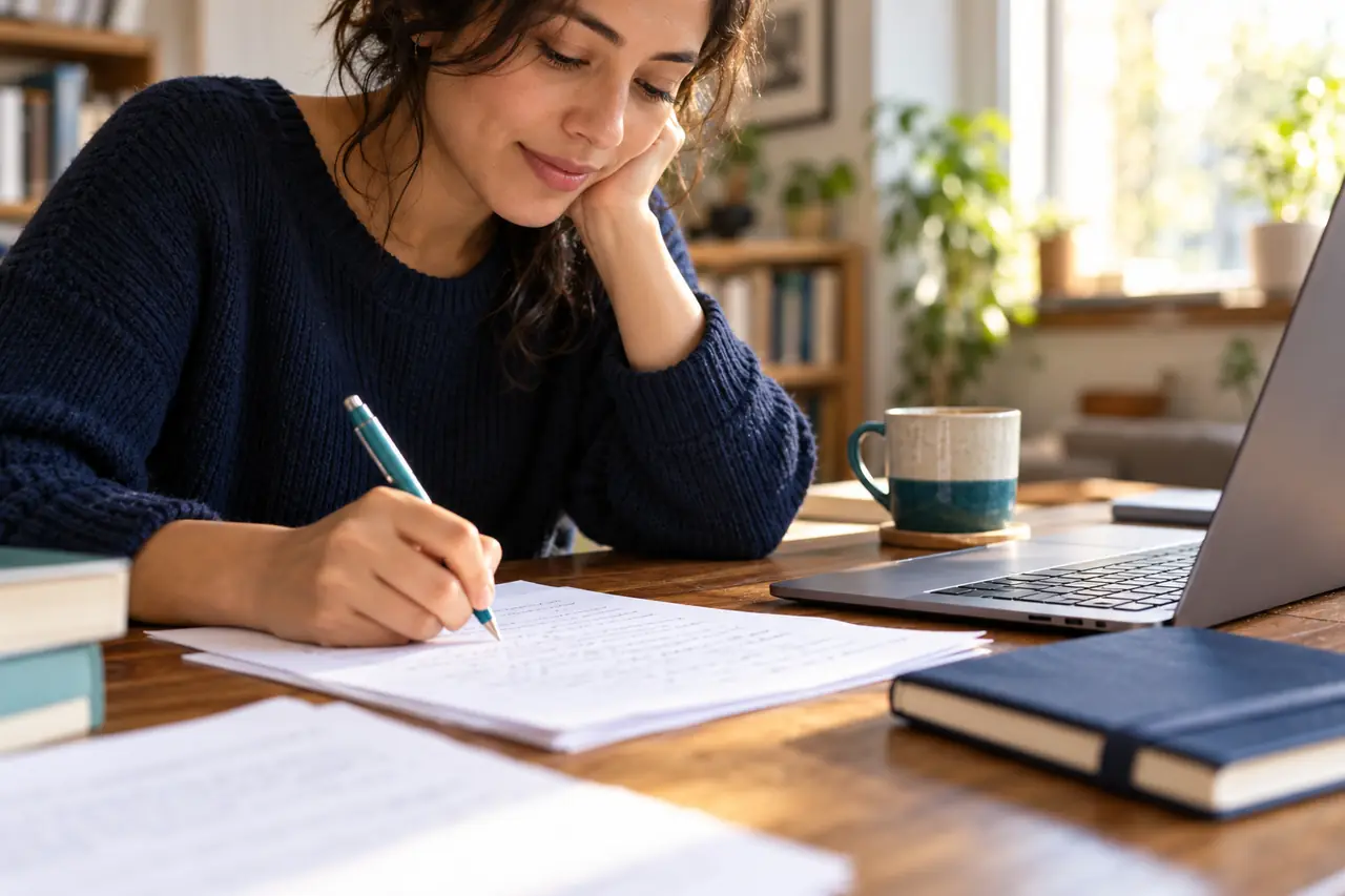 Estudiante preparando notas y una candidatura en su escritorio