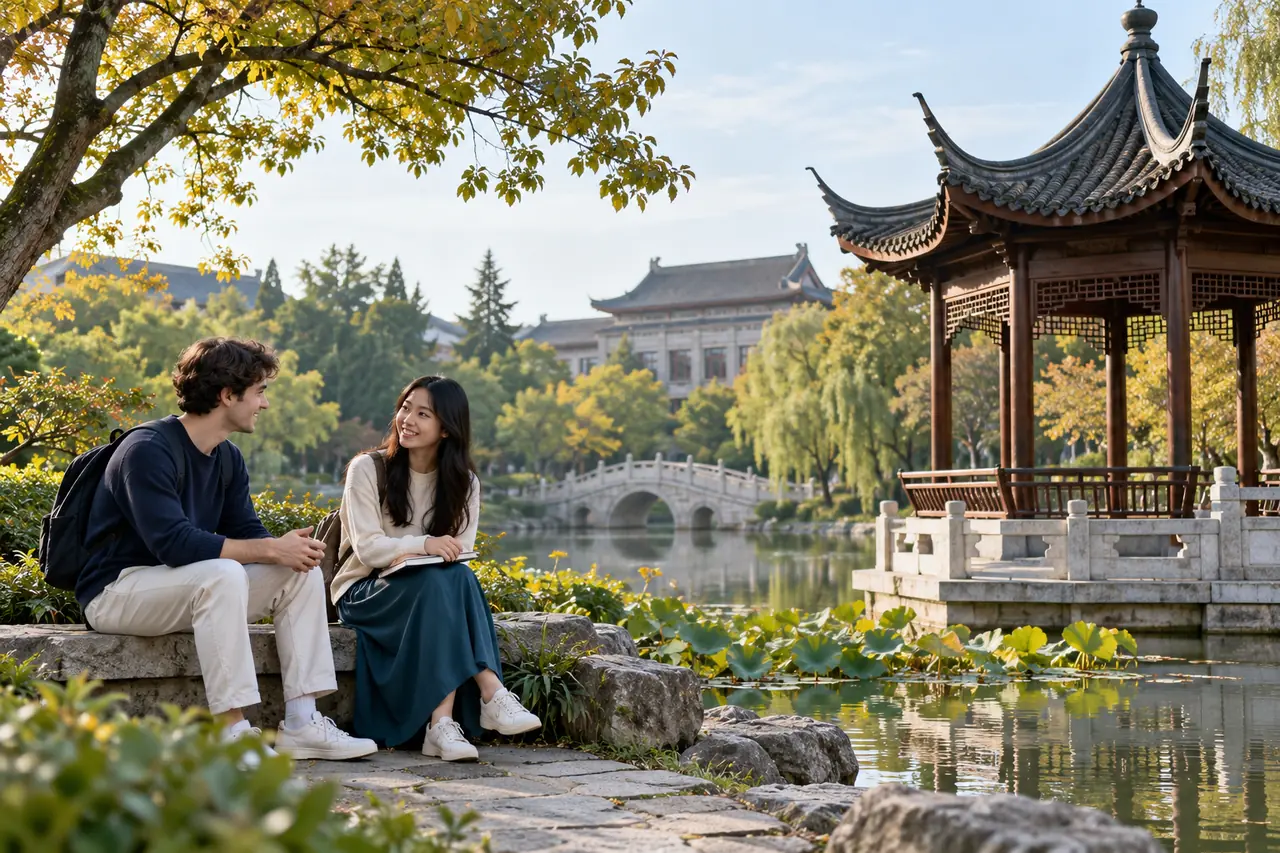 Illustrative Chinese-inspired campus garden with students