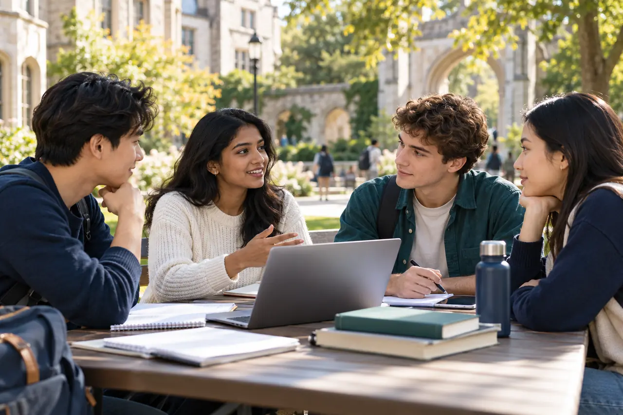 Students discussing study funding outdoors on a fictional campus