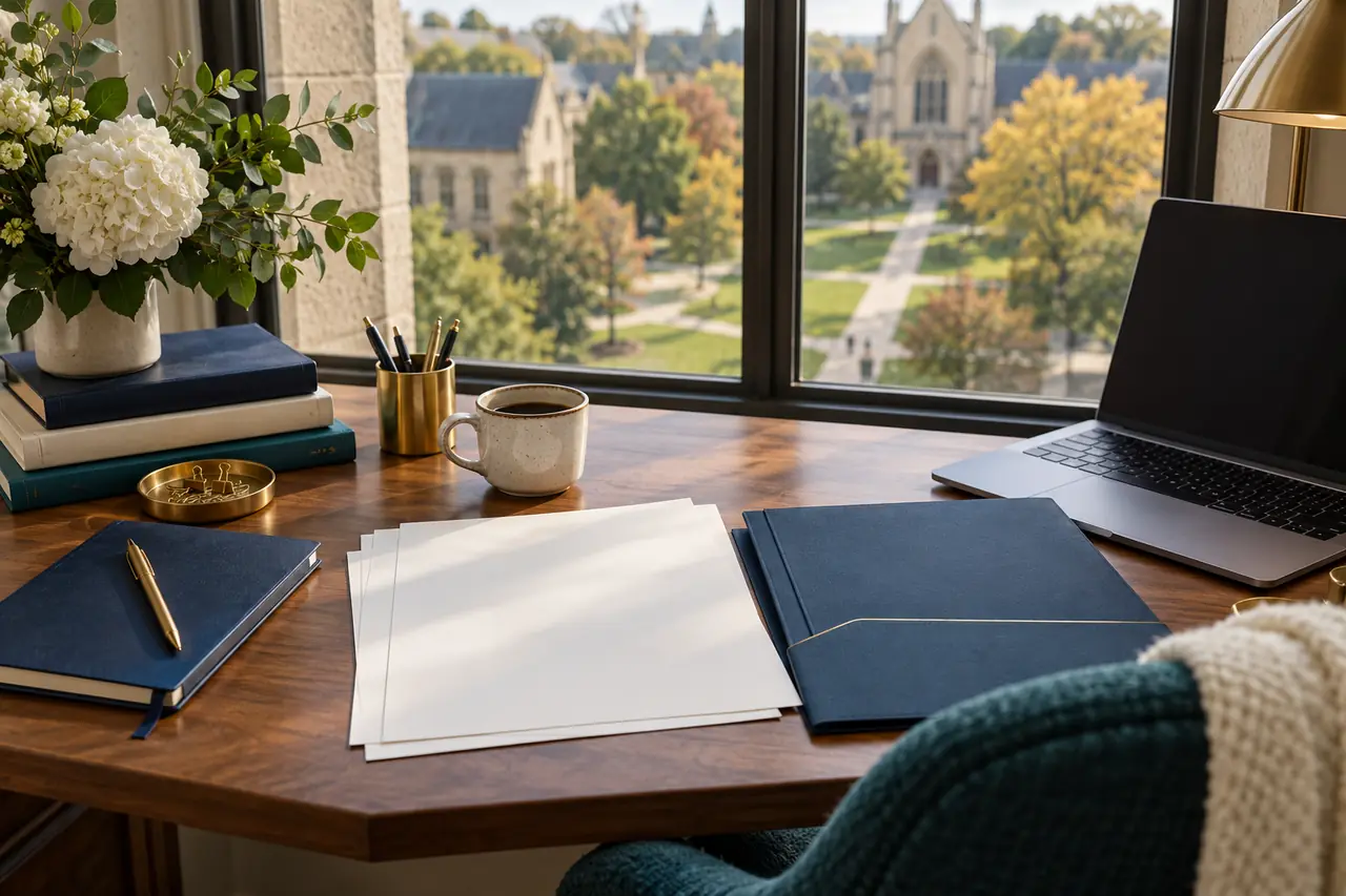 Application preparation desk with documents and laptop