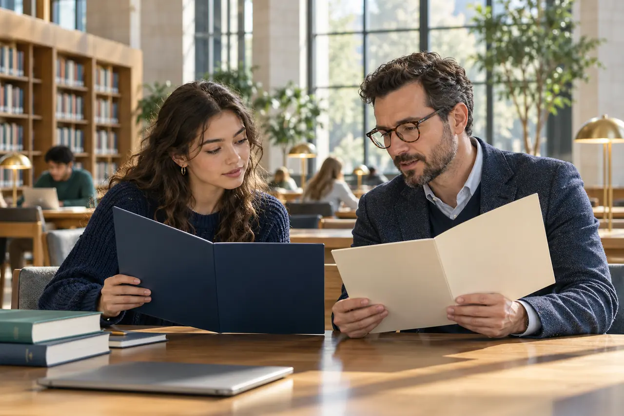 Student comparing application routes with an adviser