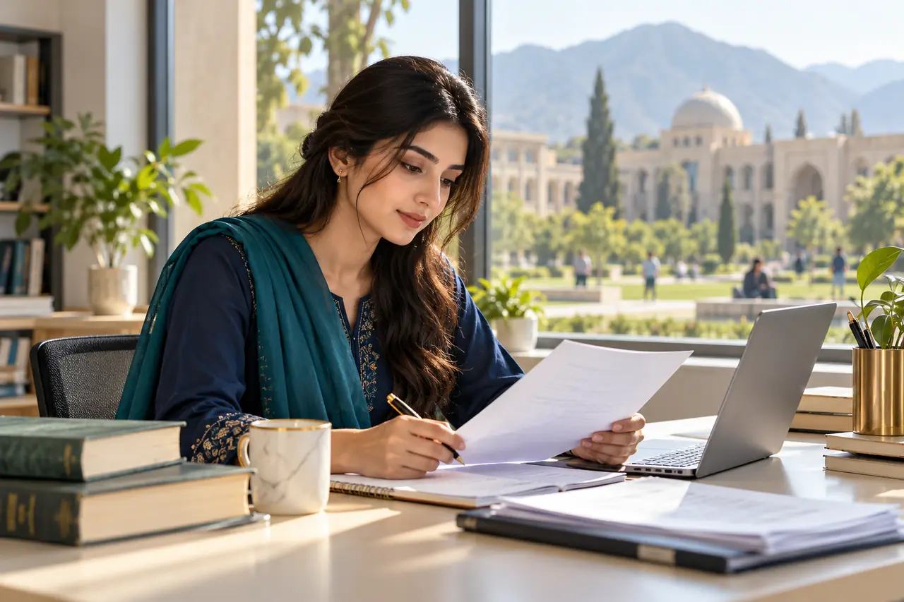 Pakistani graduate student organising academic documents
