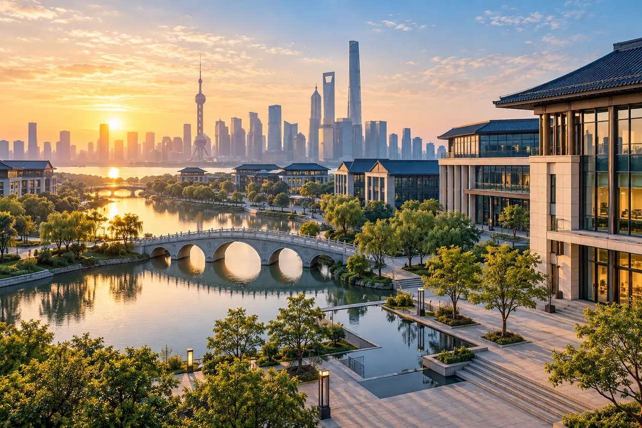 Illustrative waterfront academic district inspired by Shanghai