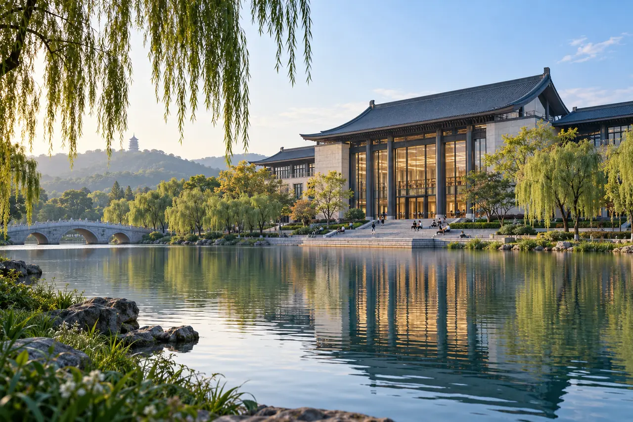 Illustrative lakeside academic garden with willow trees