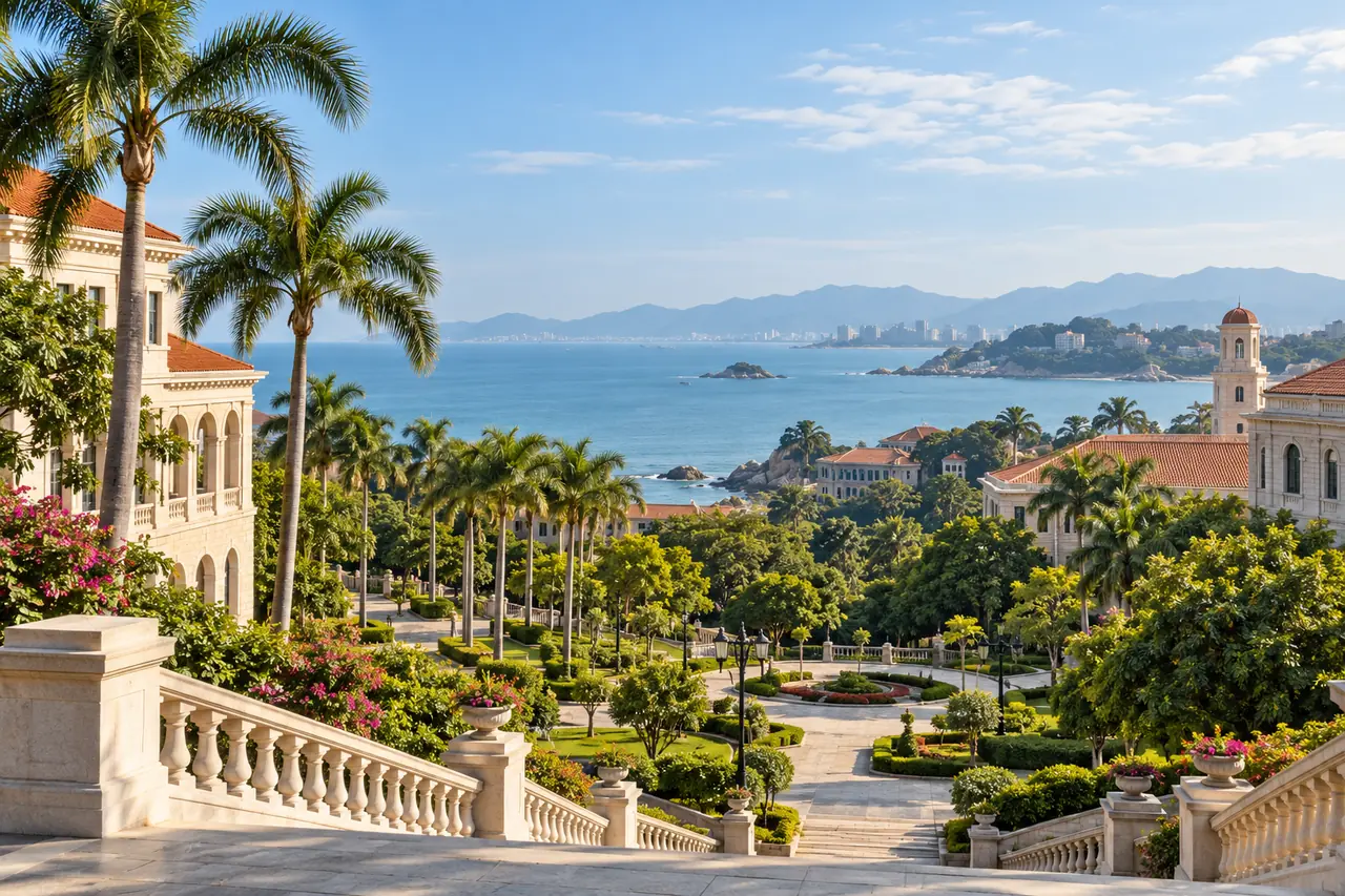 Illustrative coastal academic garden inspired by southern China