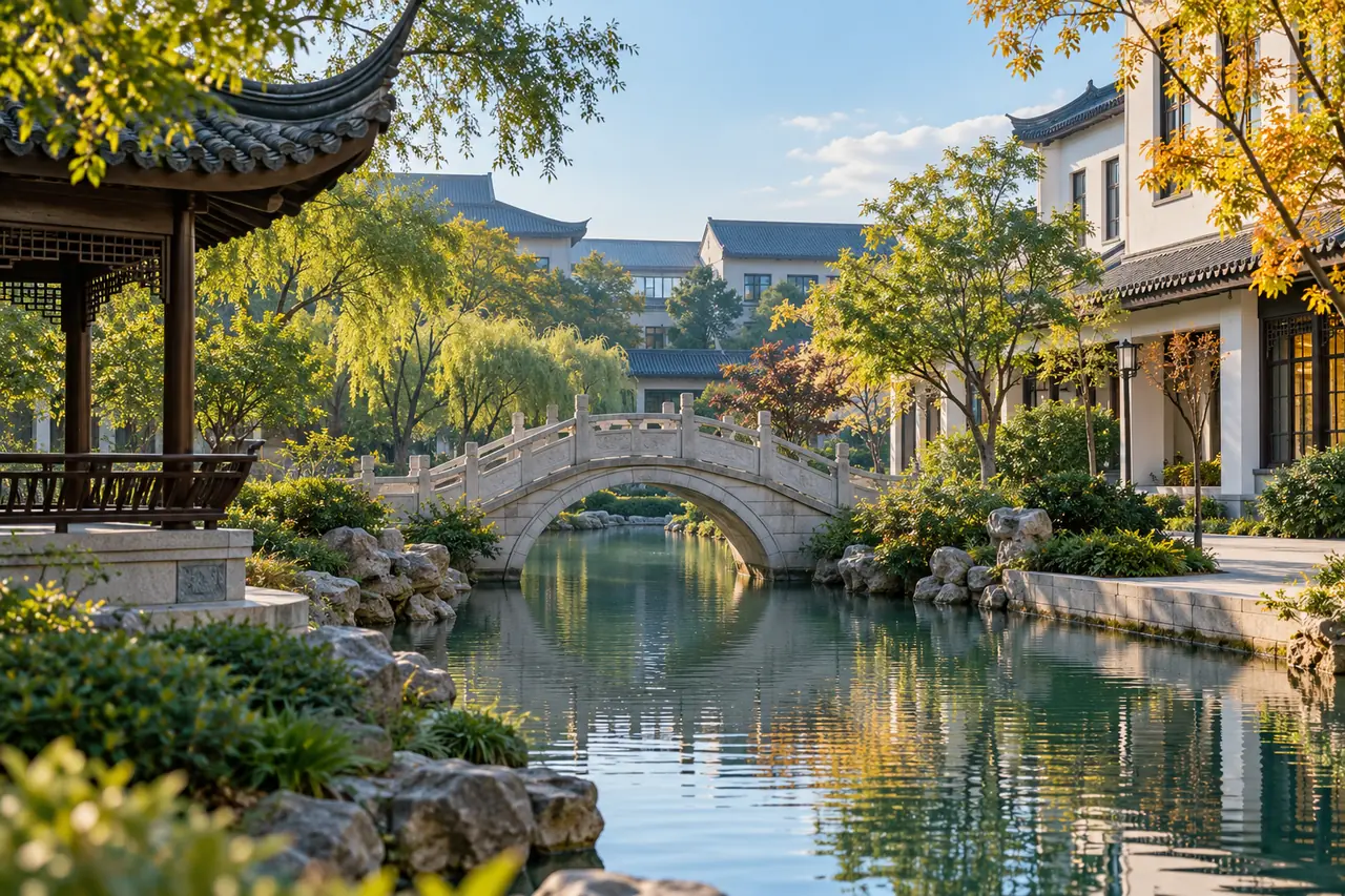 Illustrative canal-side academic garden with a footbridge
