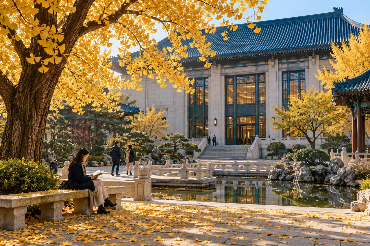 Illustrative northern Chinese academic garden with autumn trees