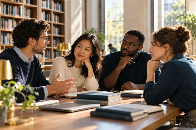 Researchers exchanging ideas around a library table