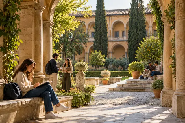 Students reading in an illustrative Italian-style courtyard