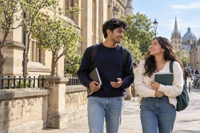 Illustrative scene of two students walking with notebooks along a European-style academic street