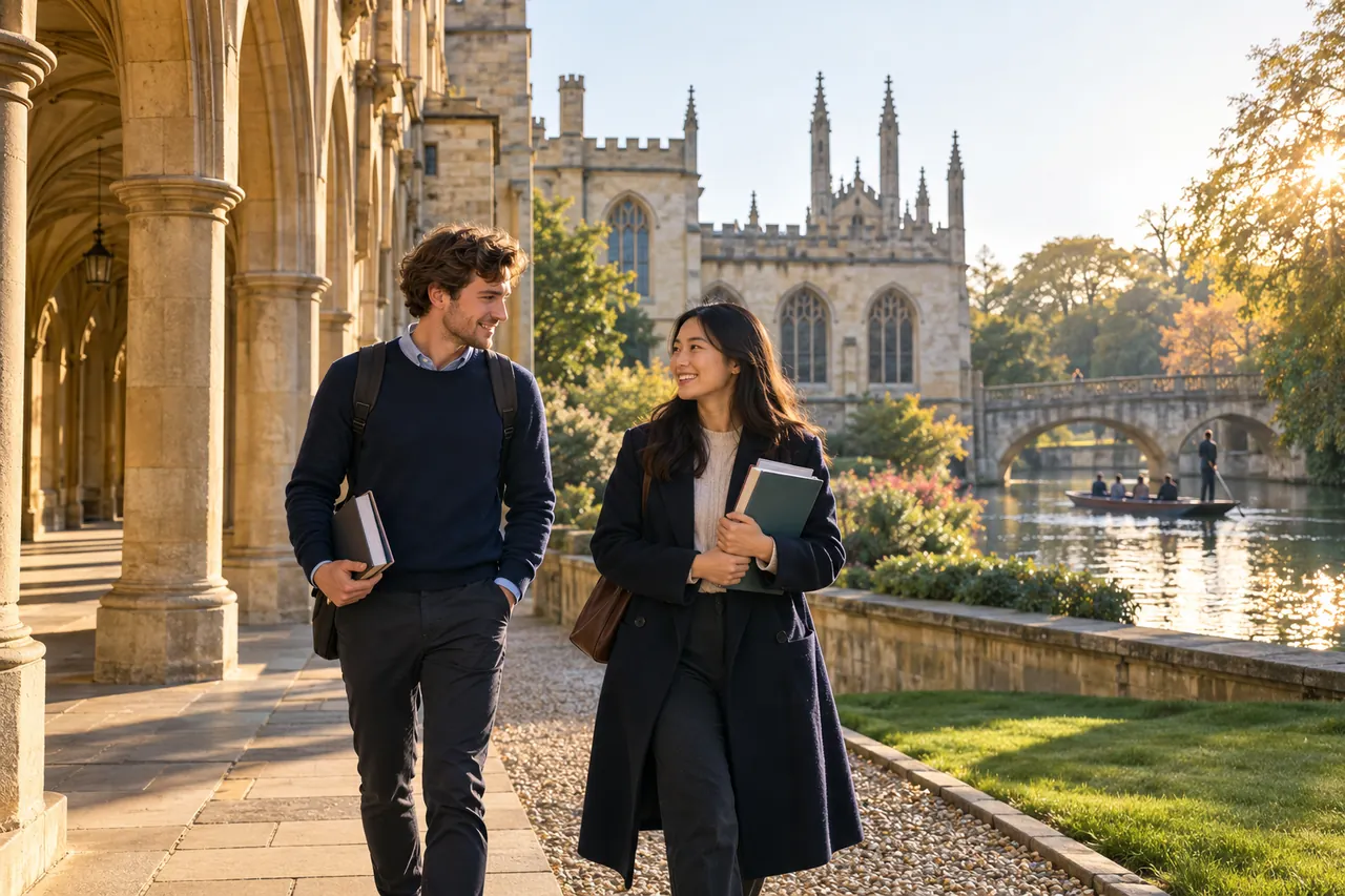 Illustrative English riverside university courtyard with postgraduate students