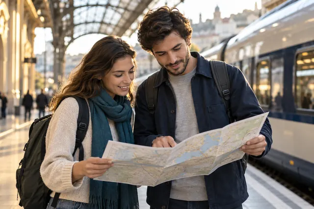 Escena ilustrativa de estudiantes preparando un trayecto en una estación europea