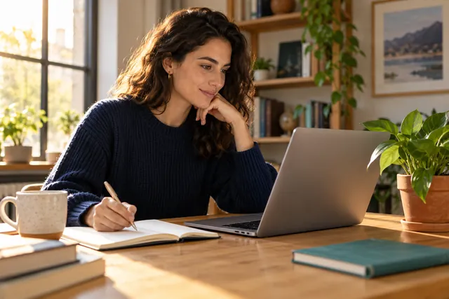 Escena ilustrativa de una estudiante preparando una candidatura en un escritorio