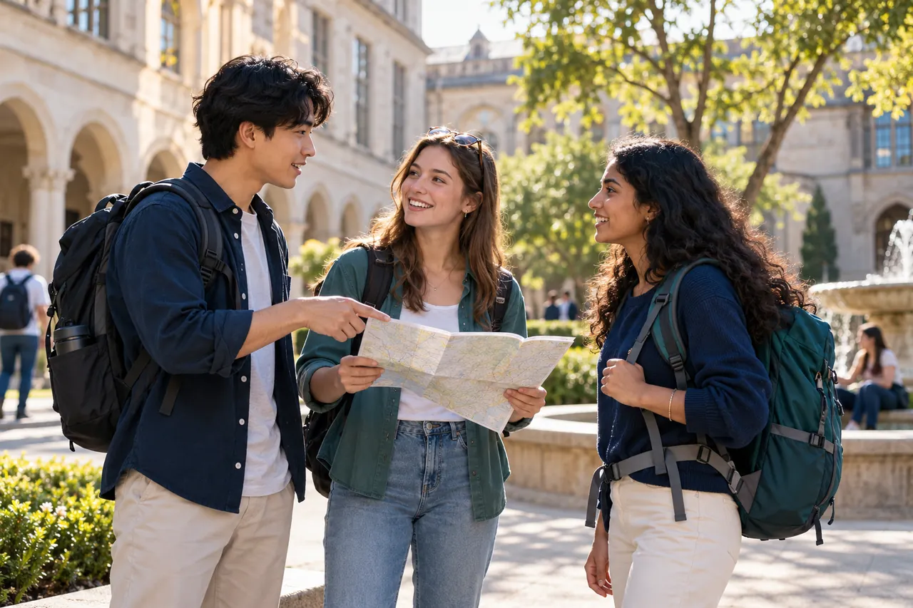 Illustrative campus meeting of international students with travel backpacks