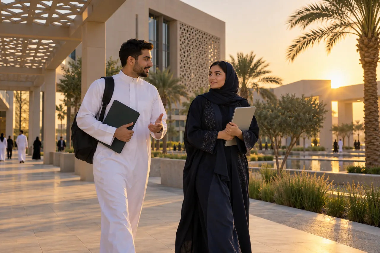 Illustrative Saudi engineering campus with shaded paths and graduate students