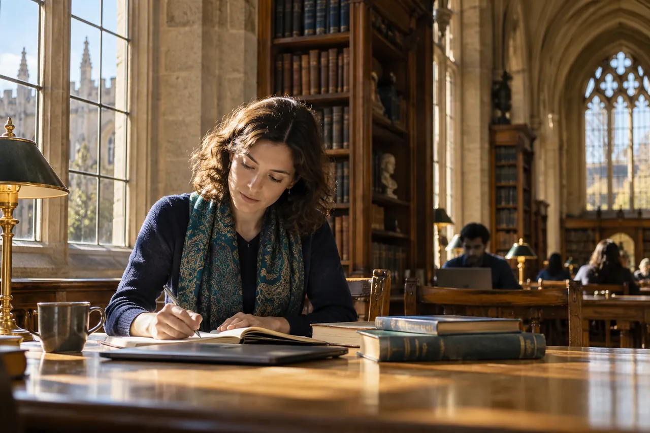Illustrative scholarly library with a student writing beside a stone window