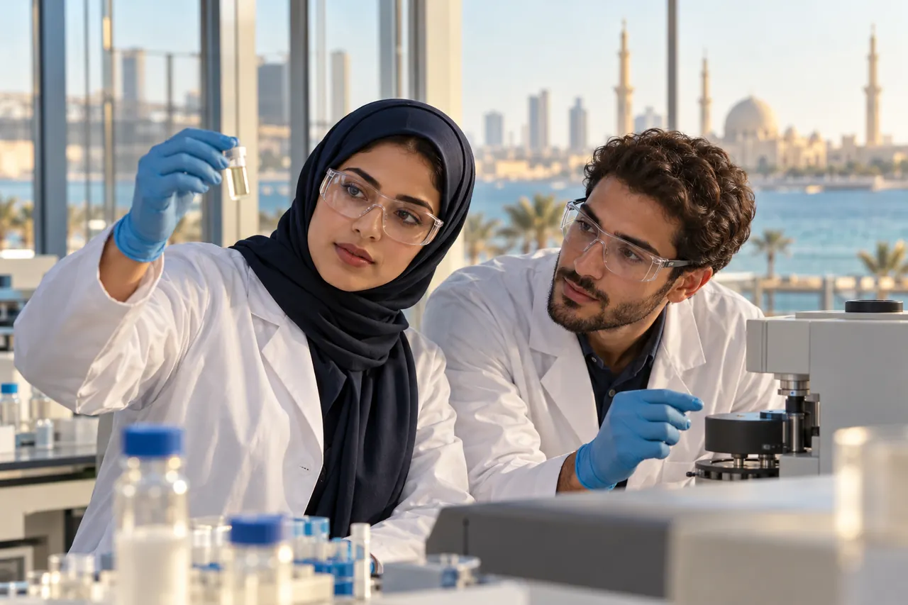 Illustrative coastal research laboratory with students reviewing an experiment