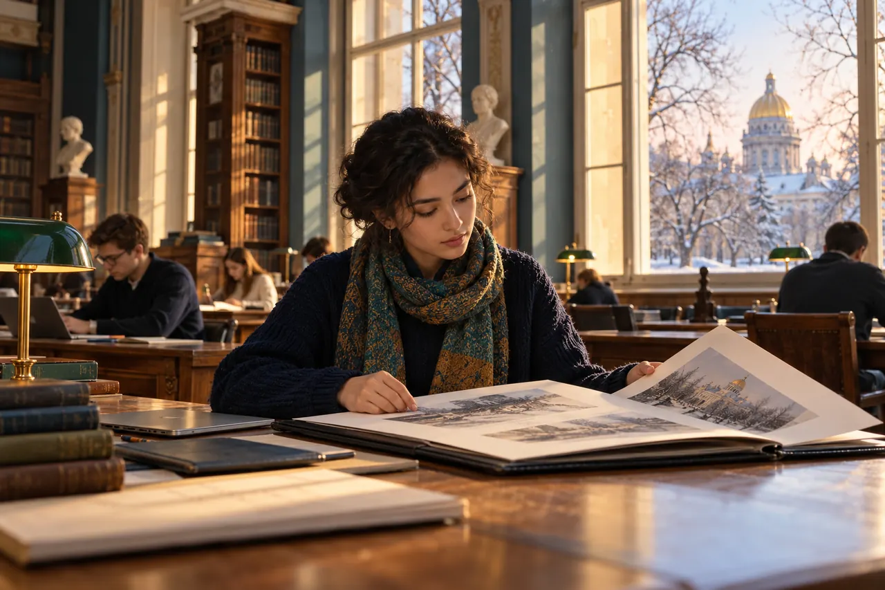 Illustrative university reading room overlooking a winter garden