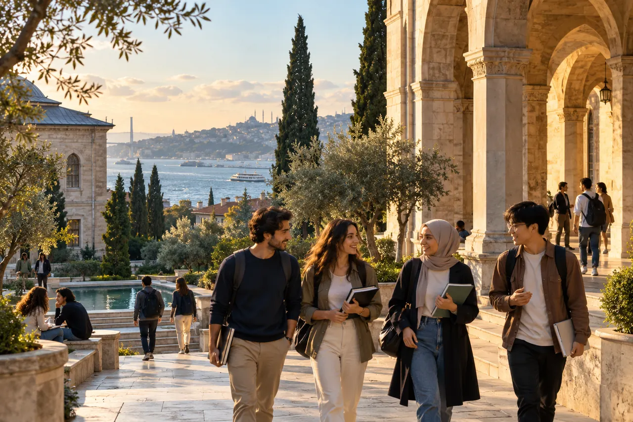 Illustrative Turkish-inspired university courtyard with students