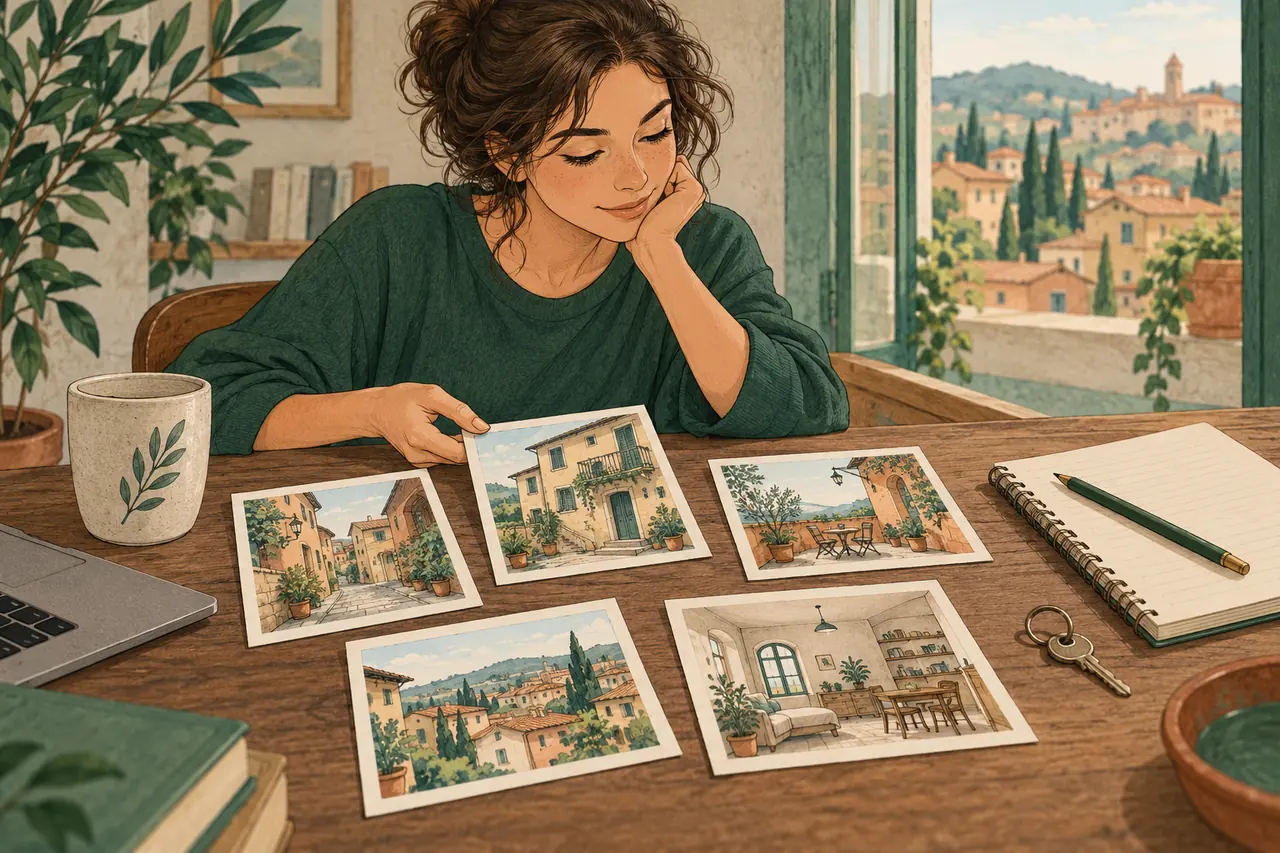 Illustration of a student comparing five generic Italian housing scenes and a budget notebook