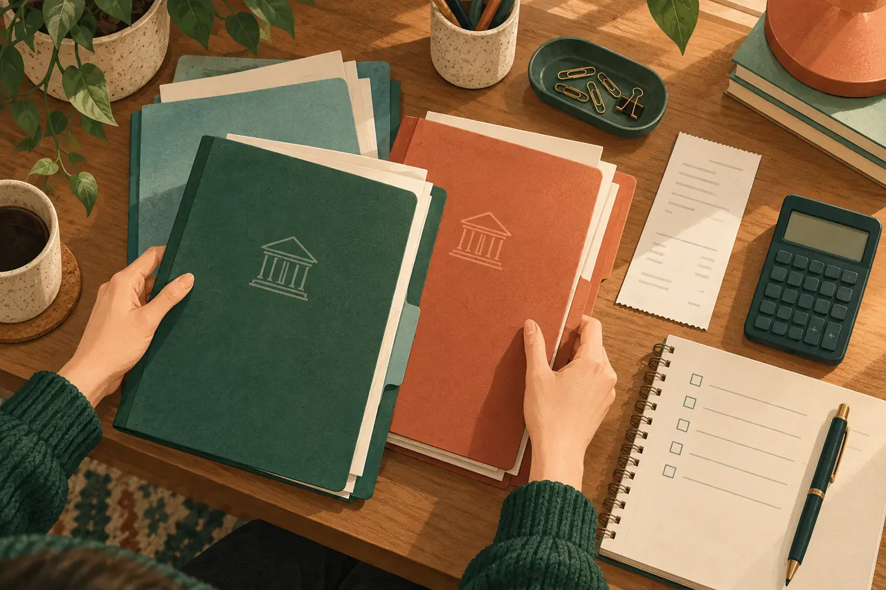 Illustration of application folders, a payment receipt and a calculator on a student’s desk