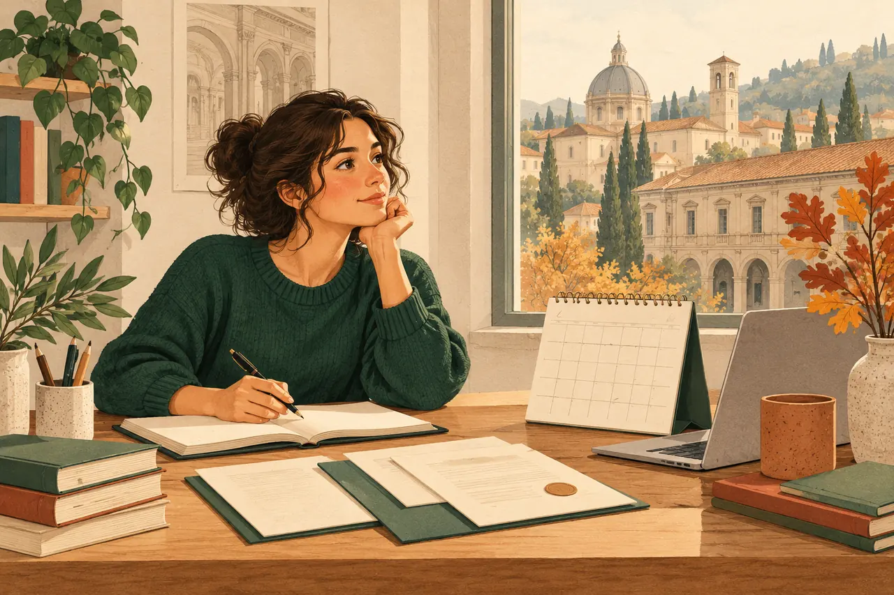 Illustration of a student organising a blank university calendar and application documents