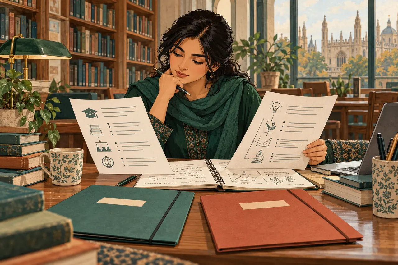 Illustration of a graduate comparing taught-course and research master’s application plans