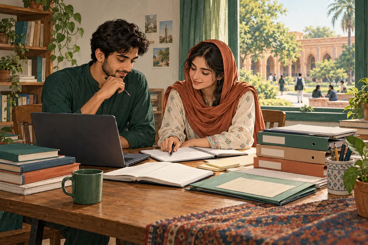 Illustration of two Pakistani university students reviewing local study costs and financial-aid documents