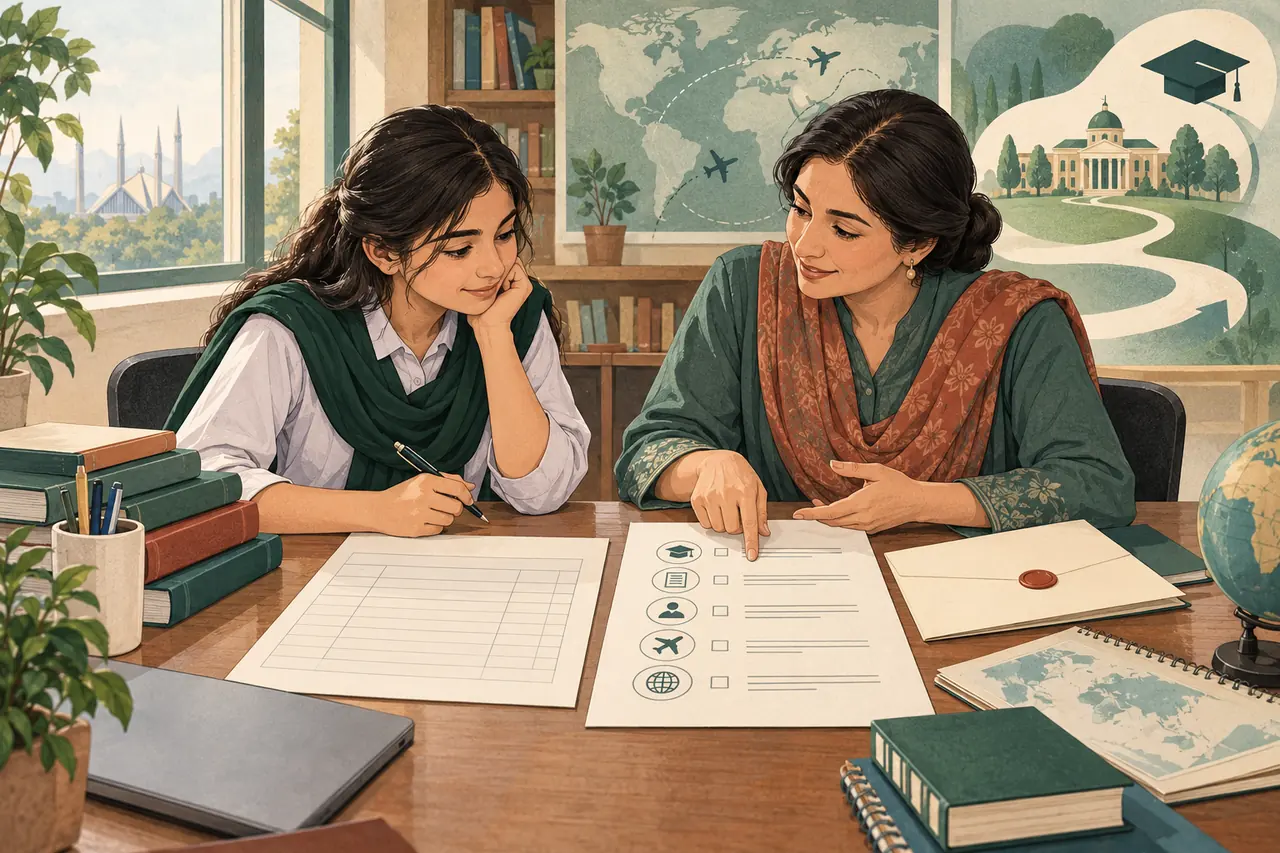 Illustration of a Pakistani school-leaver and counsellor reviewing nomination and university application stages